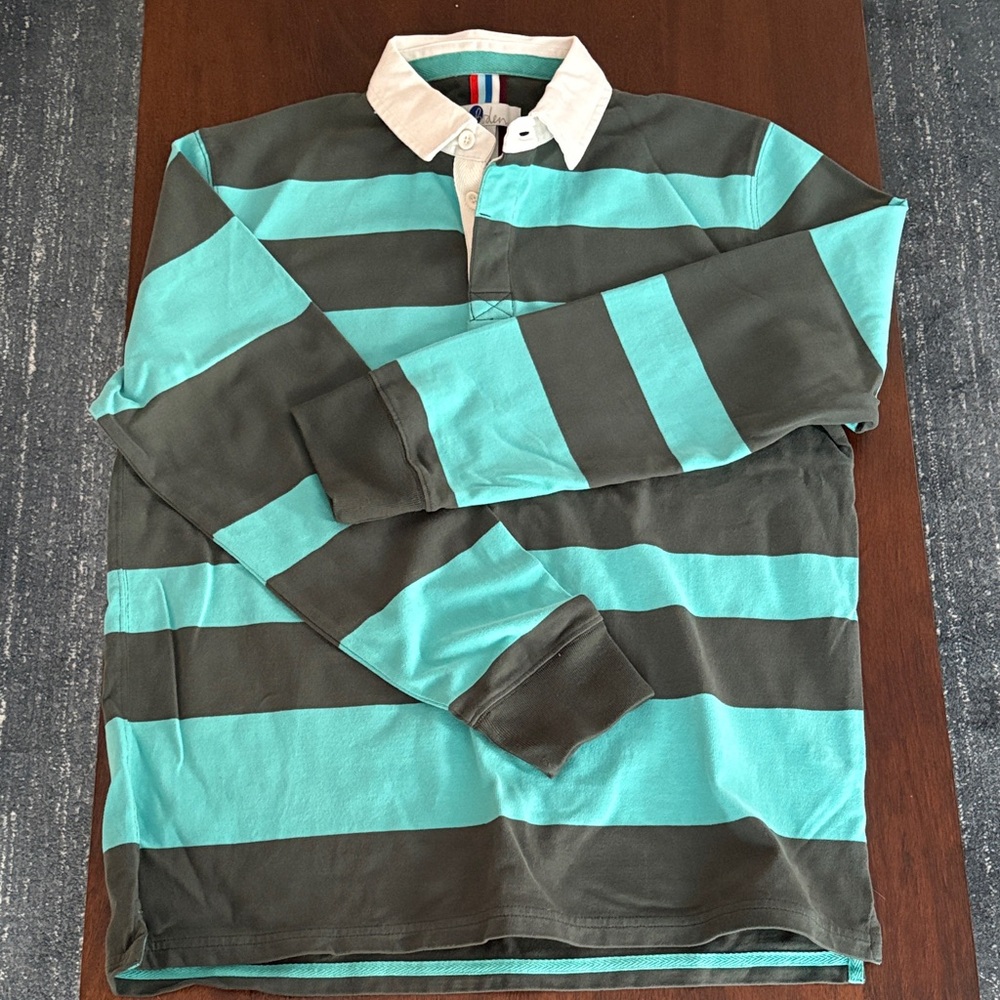 Boden Aqua and Charcoal Striped long sleeve men’s large Polo Shirt